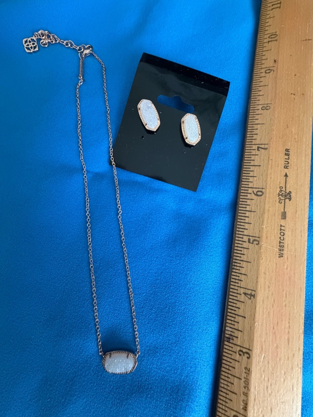 Kendra Scott Rose Gold White Druzy Pendant Necklace with Matching Studs